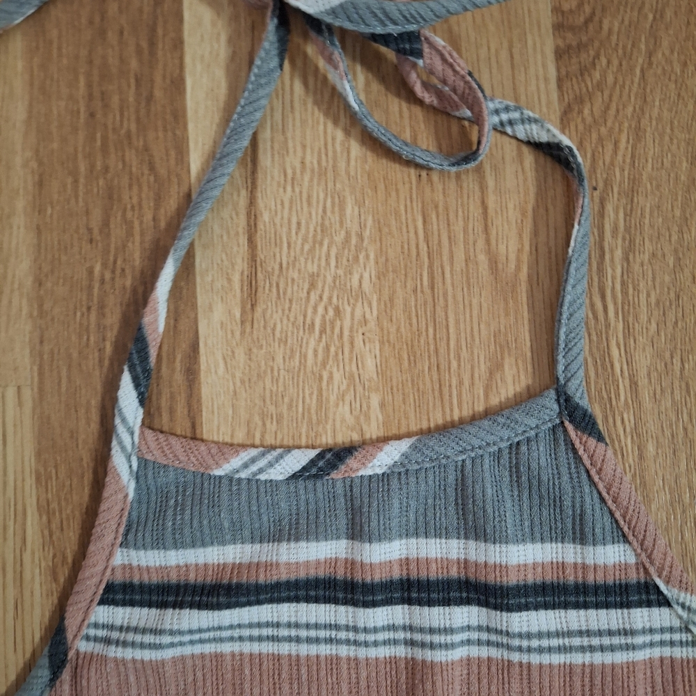 Fashion Magazine Striped Halter Bodycon Midi Dress in Blue & Light Neutral Pink - Picture 5 of 6